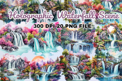 Watercolor Holographic Waterfall Scene