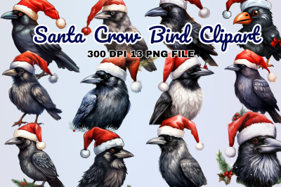 Watercolor Santa Crow Bird Clipart
