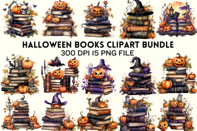 Watercolor Halloween Books Clipart