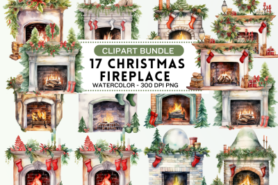Watercolor Christmas Fireplace Clipart