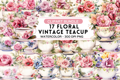 Watercolor Floral Vintage Teacup Clipart