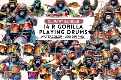Watercolor Gorilla Playing Drums Clipart