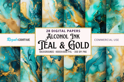 Teal &amp; Gold Alcohol Ink Backgrounds bundle