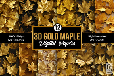 Gold 3D Maple Leaves Seamless Patterns