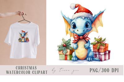 Cute Christmas blue dragon with gift box clipart- 1 png