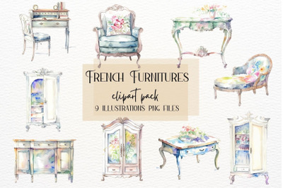 Watercolor French Furniture, Antique Shabby Chic