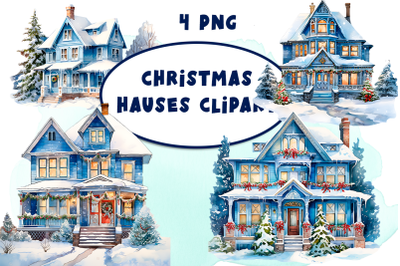 Winter Christmas houses clipart&2C; watercolor snow city