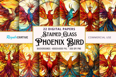 Stained Glass Phoenix Bird Digital Paper