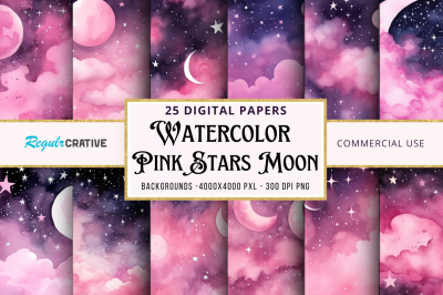 Pink Stars Moon Watercolor Backgrounds