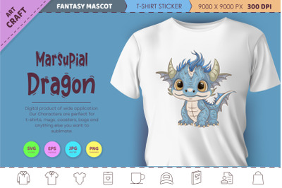 Marsupial cartoon dragon. Fantasy clipart.