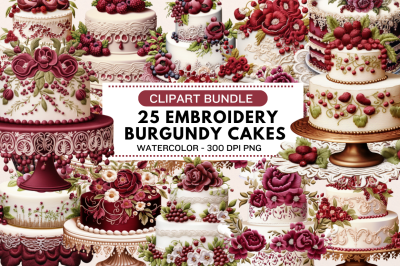 Embroidery Burgundy Cakes Clipart Bundle