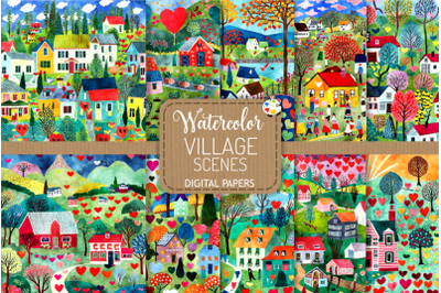 Watercolor Village Scenes - Digital Paper Paintings
