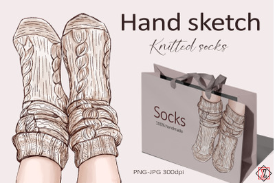 Hand sketch. Knitted socks