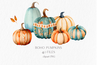 Boho pumpkin Watercolor Clipart PNG