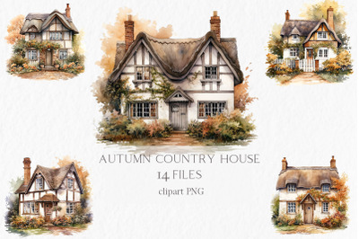 Autumn country house Watercolor Clipart PNG