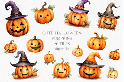 Cute halloween pumpkins Watercolor Clipart PNG