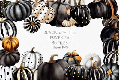 Black white pumpkins Watercolor Clipart PNG