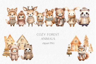 Cozy woodland animals Watercolor Clipart