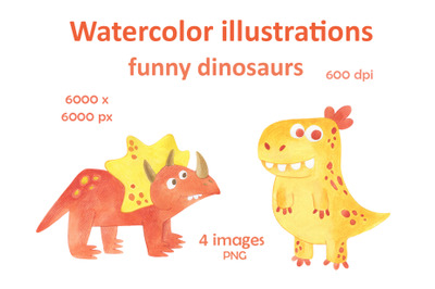 Watercolor set of illustrations of funny dinosaurs