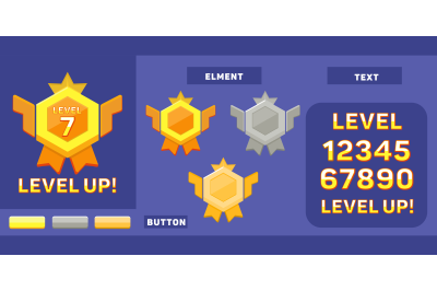 set level up, vector ui element gold, silver, medal. equipped with a b