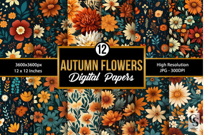 Autumn Flowers Seamless Patterns, Fall Floral Backgrounds