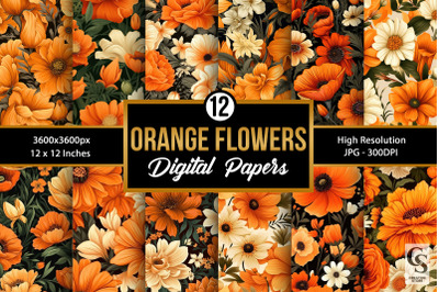 Fall Orange Flowers Pattern Digital Papers