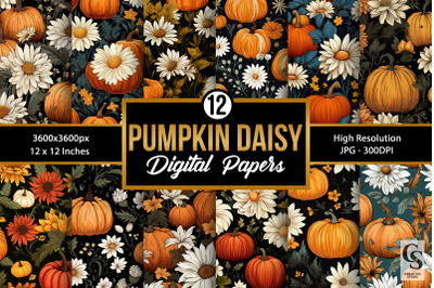 Pumpkin Daisy Flowers Pattern Digital Papers
