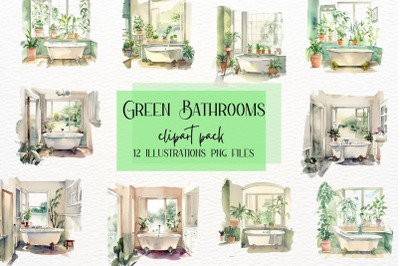 Watercolor Green Bathroom Interior Clipart
