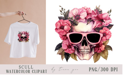 Cute Halloween floral scull with sun glasses clipart- 1 png