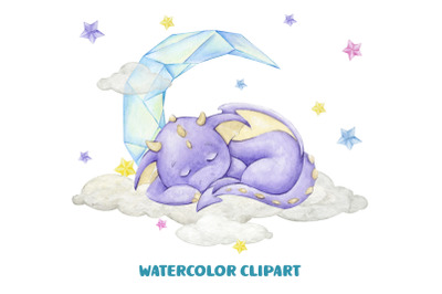 purple Dragon clipart, cute watercolor animal PNG. sleeps on the cloud