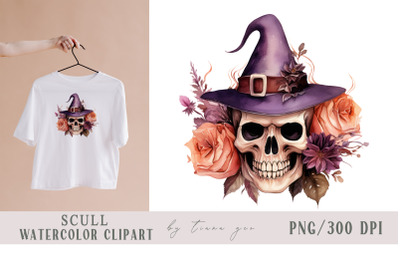 Halloween scull with witch hat clipart- 1 png