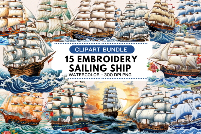 Embroidery Sailing Ship Clipart Bundle