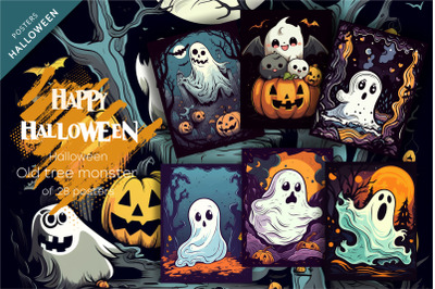 Halloween ghost with pumpkins.