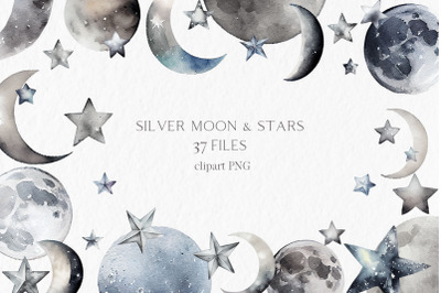 Silver stars and moon Watercolor Clipart PNG