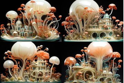 a model of a city with lots of mushrooms
