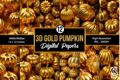 Gold 3D Pumpkins Seamless Patterns