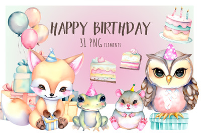 Happy Birthday Watercolor Illustrations | Png Clipart Bundle