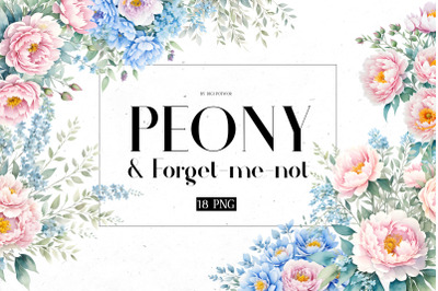 Peony &amp; Forget-me-not Watercolor Bundle | PNG cliparts