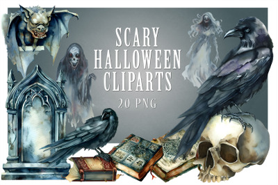 Scary Halloween Watercolor Illustrations |Png Clipart Bundle