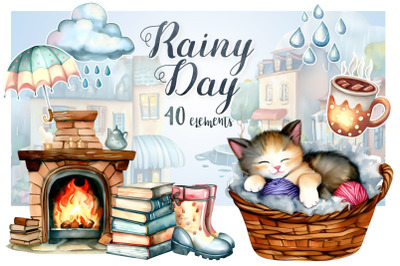 Rainy Day Watercolor Illustrations |Png Clipart Bundle