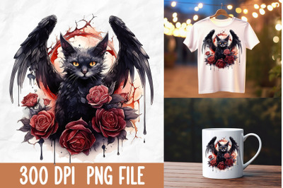 Grunge Gothic Cat With Bat Wings Rose