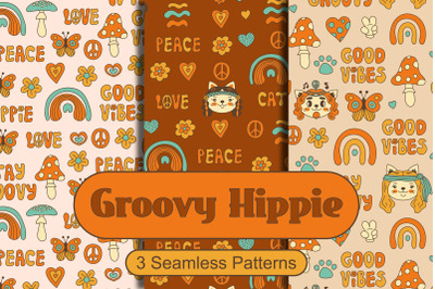 Groovy Hippie Seamless Patterns With Cat