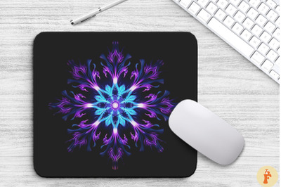 Neon Glowing Indigo Snowflake Mouse Pad