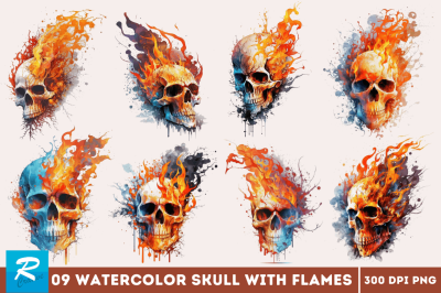 Watercolor Skull with Flames Bundle