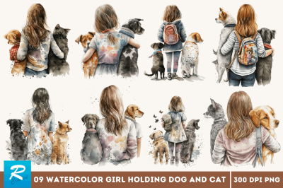 Watercolor Girl Holding Dog and Cat Bundle