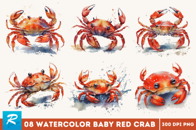 Watercolor Cute Baby Red Crab Bundle