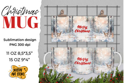 Christmas sublimation mug wrap. Christmas deer in forest PNG