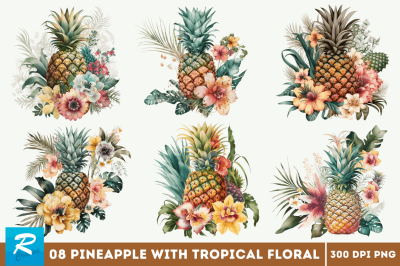 Pineapple with Tropical Floral Clipart Bundle