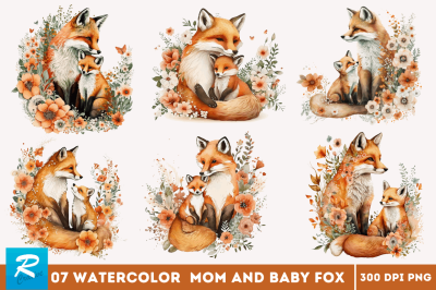 Cute Mom and Baby Fox Watercolor Clipart