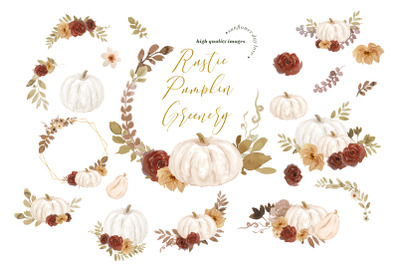 Elegant Fall Rustic Pumpkin Greenery Floral Clipart